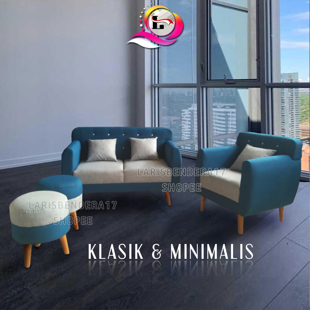 Sofa Retro Kancing 21 + 2 Puff | Bernuansa Klasik & Minimalis | Blue & White  Bludru | Bogor Jkt