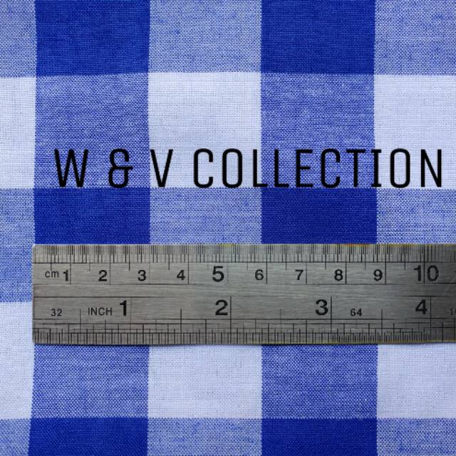 Kain kotak biru putih 3cm. Lebar 150cm.