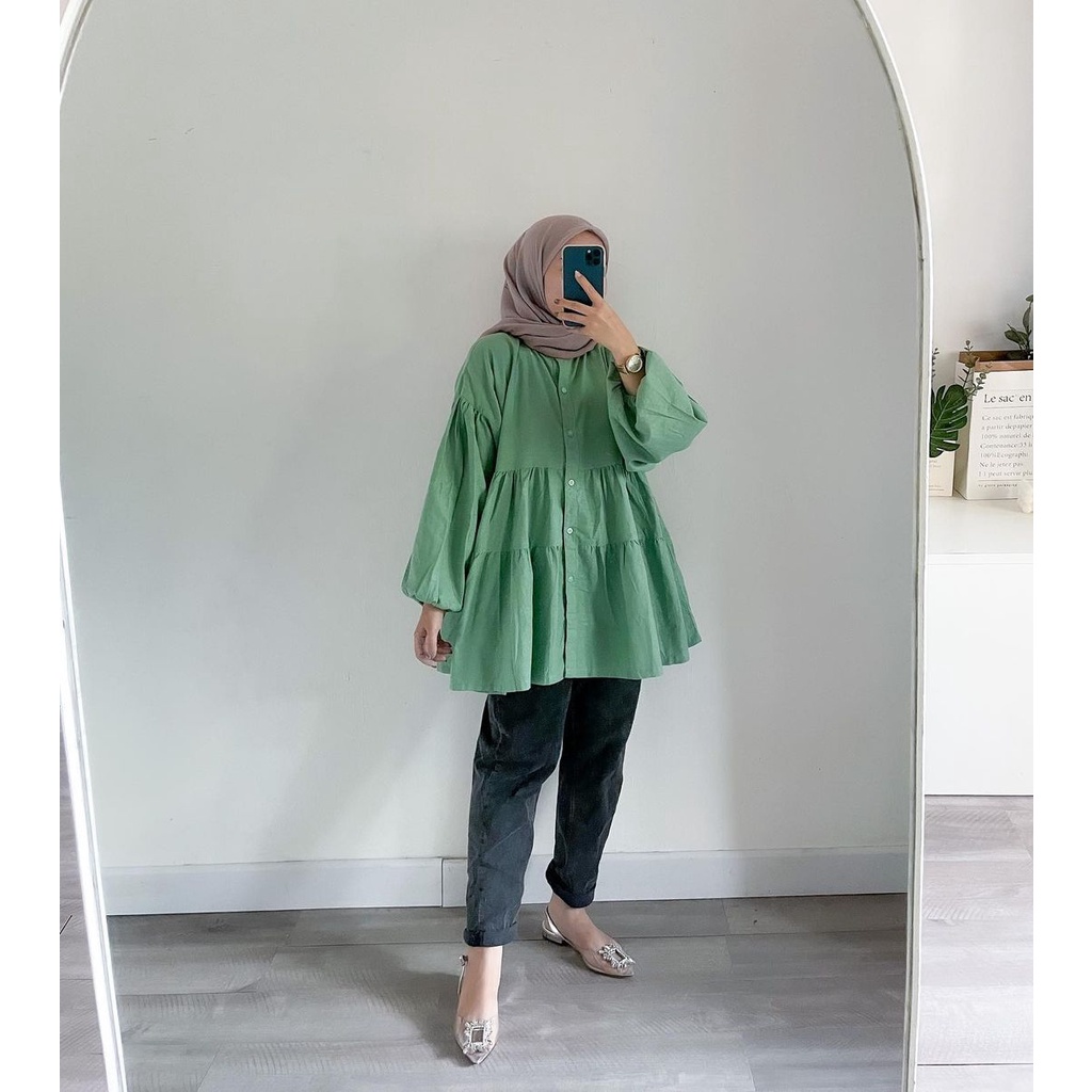 Kyana Blouse Basic Kemeja Katun Linen Oversize Atasan Shirt Wanita Lengan Panjang