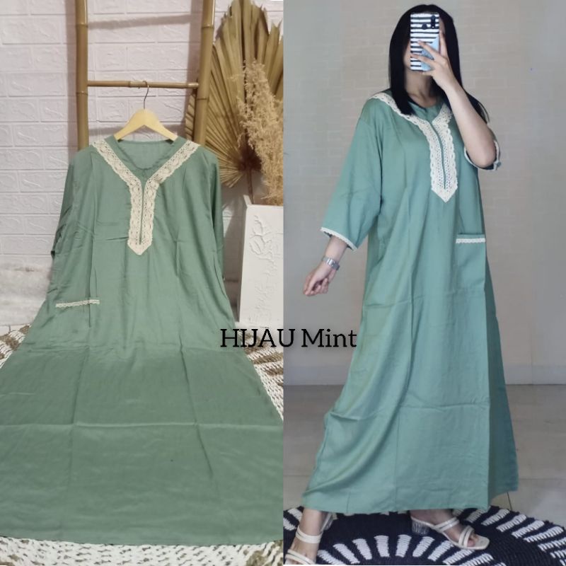 Daster BUSUI Arab Kekinian Tangan 3/4 (aisyah) / Daster Muslim Renda Jumbo LD 120 cm / Daster BUSUI /Daster kekinian /Daster Renda-Hijau Mint
