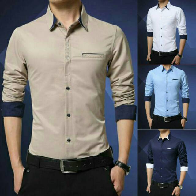 KEMEJA PRIA MODERN KOMBINASI KEKINIAN BORDIRAN WARNA PUTIH BIRU MUDA ROYAL NAVY DONGKER KHAKIS CREAM