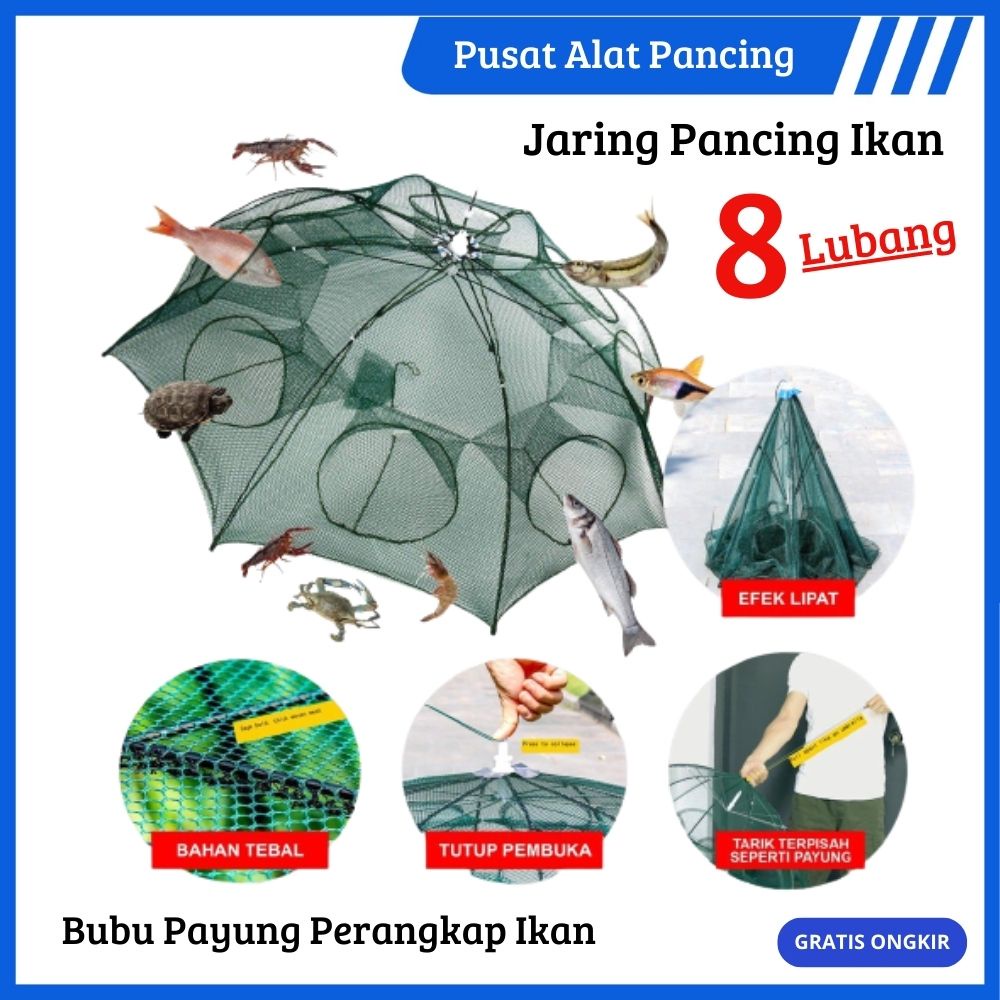 Jaring Bubu 8 Lubang Portabel Lipat Jaring Heksagonal Jaring Ikan Casting Lobster Penangkap Ikan Perangkap Udang Kepiting