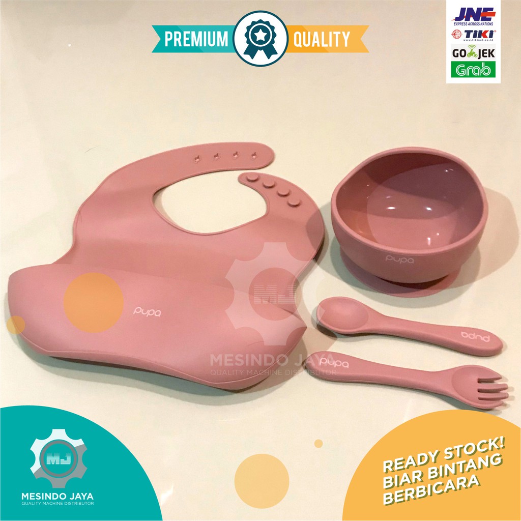 Alat Makan Bayi Silikon BIB, Sendok &amp; Garpu Silicon, Mangkuk / Perlengkapan Makan Bayi Baby Set PUPA