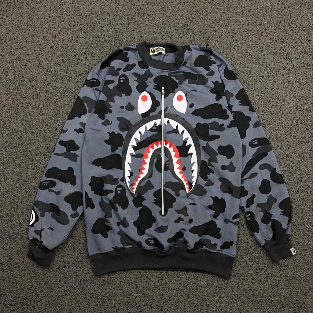 Jaket Sweater Crewneck Bape WGM Zipper Shark Face Camo Abu-Abu