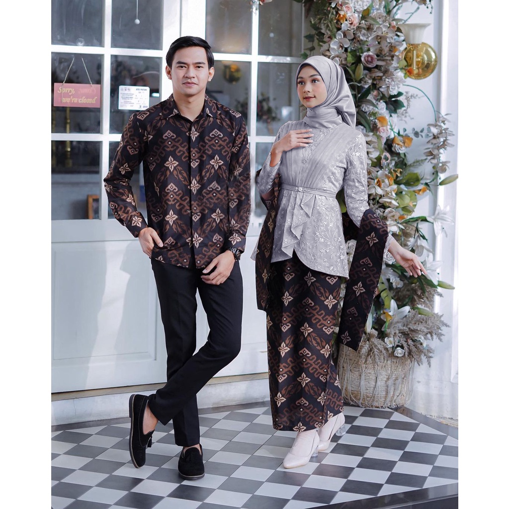 SHOPASHOP SOLO Batik Kebaya Couple Brokat Modern Nabella Aufa Kebaya Wisuda dan Kondangan Kebaya Couple Batik Prima Lengan Panjang Set Wanita Tille mutiara