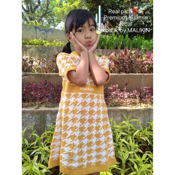 MALIKIN DRESS ANAK HOUNDSTOOTH 4-5-6 TAHUN/DRESS ANAK/DRESS RAJUT ANAK