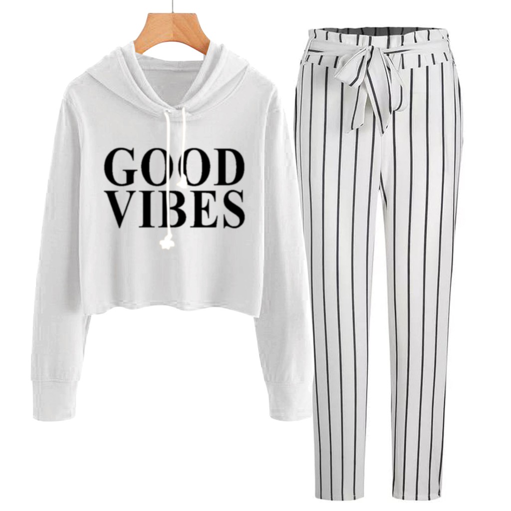 BESS - Baju Setelan Wanita Murah / Setelan Hoodie Crop + Celana Salur Putih - GOOD VIBE