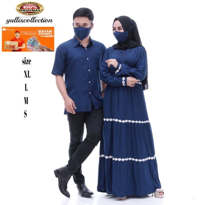 Couple muslim,gamis susun renda melati depan belakang gratis masker(XL,L,M,S)