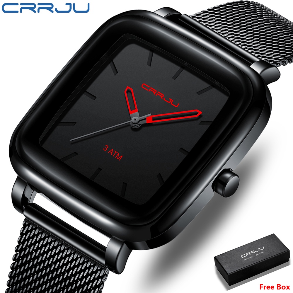 CRRJU Square Mens Watches Top Brand Luxury Quartz Stainless Steel Jam Tangan Pria Olahraga Tahan Air