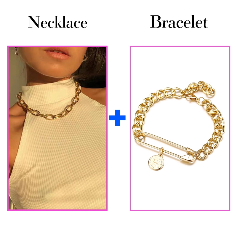 Set Kalung Choker Gelang Rantai Tebal Warna Emas Gaya Korea Untuk Wanita