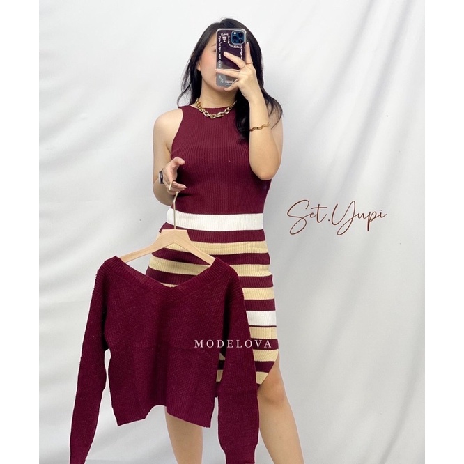 MDLV ~ SET YUPI RAJUT STRIPE SET RAJUT BAJU RAJUT  FASHION WANITA