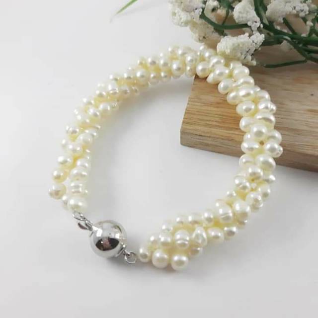 B#4 GELANG MUTIARA AIR TAWAR ASLI 3 RENTENG DIPILIN