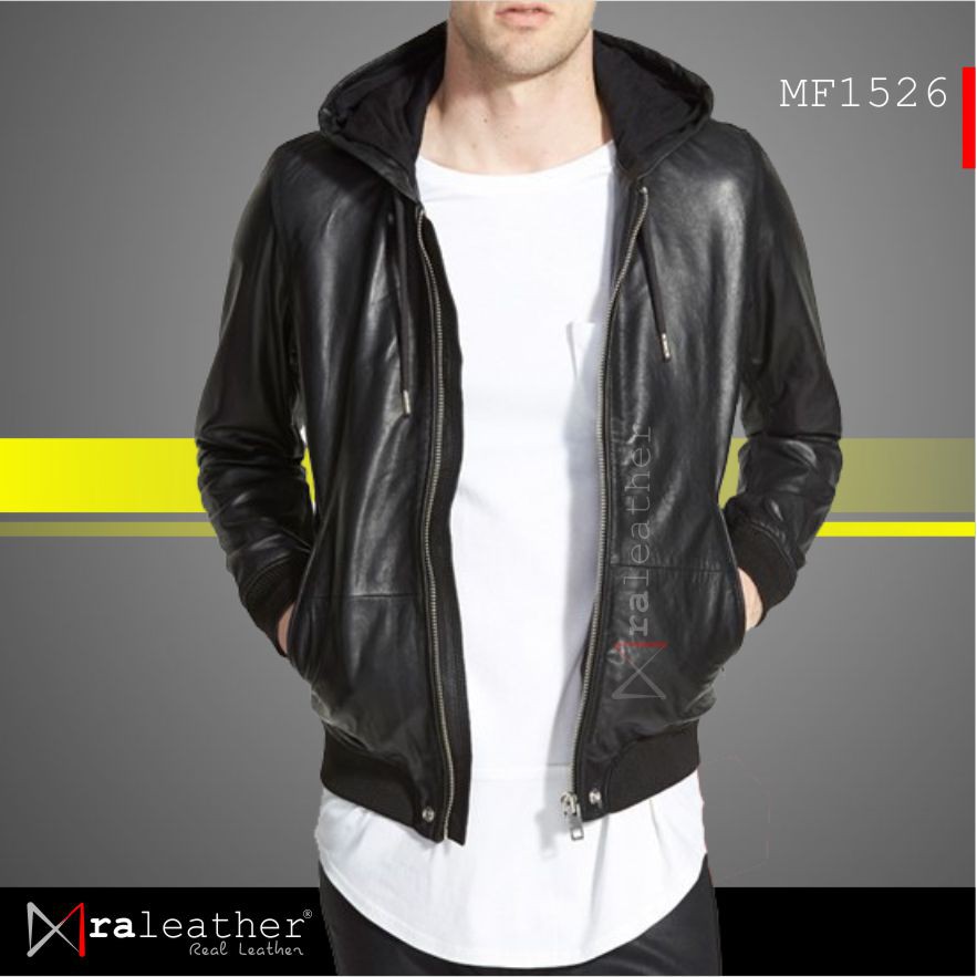 Jaket Kulit Pria Hoodie RA Leather - MF1526