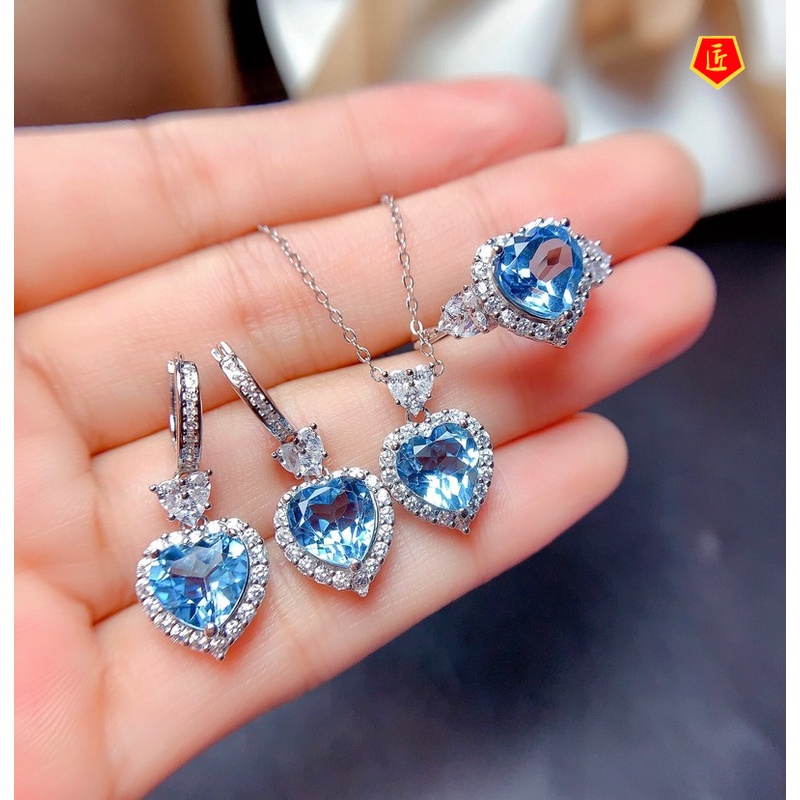 [Ready Stock]Natural Topaz Necklace Set Rings Garnet Stud Earrings