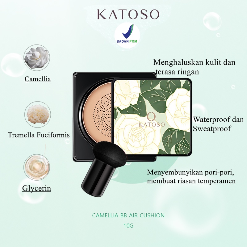 (BPOM) Katoso Camellia BB Air Cushion Mushroom Head Waterproof Bedak Foundation Long-Lasting Flawless Beauty Cream Kosmetik - 20g