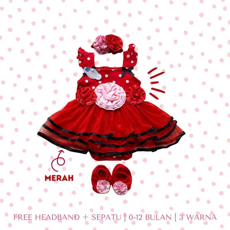 SETELAN BAJU ROMPER BAYI PEREMPUAN 0-12 BULAN / SET JUMPER ROK TUTU FREE BANDO JILL POLKADOT / SETELAN BAJU BAYI CEWEK LUCU / DRESS TUTU FLOWER BAYI /JUMPER TUTU BAYI FREE SEPATU BANDO