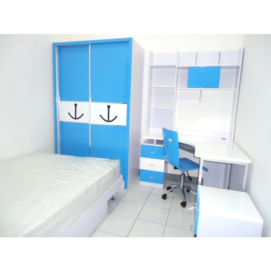 INFORMA Preloved Bed Set Blue Tempat Tidur Anak Laki Laki All In Ranjang, Kasur, Nakas, Meja Belajar