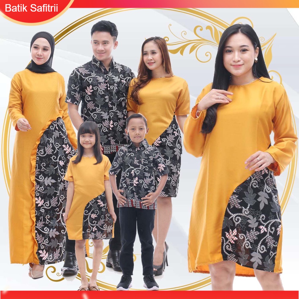Couple Keluarga - Batik Keluarga Muslim Kombinasi - Ibu Bapak Anak - Motif Moscrep Kuning - Dress Tu