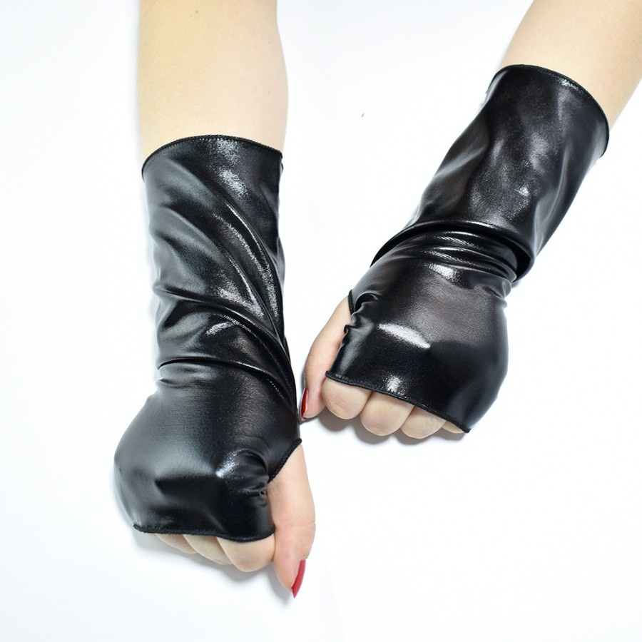 LTX-07 sarung tangan kulit pu leather gloves setengah jari hitam kilap