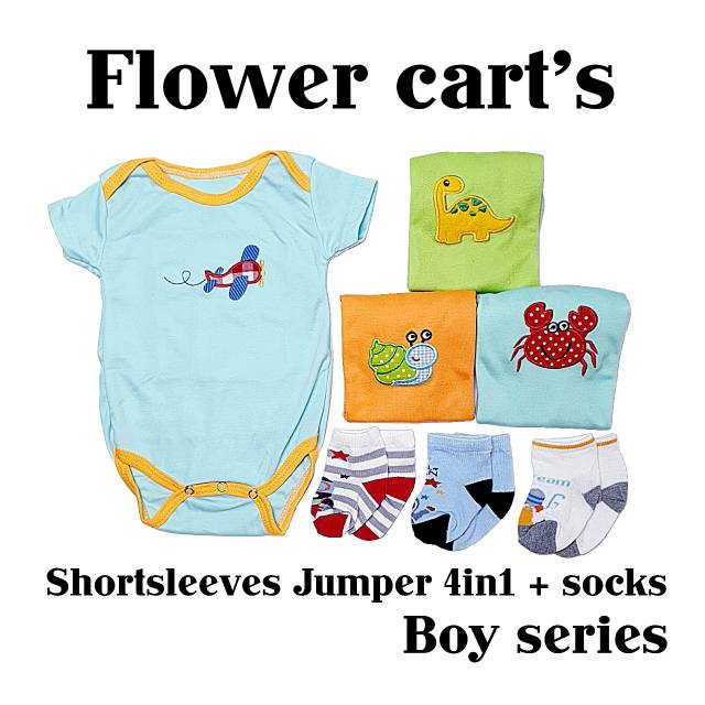 JUMPER LENGAN PENDEK ISI 4PCS + KAOS KAKI 3PASANG FLOWER CART'S  SNI GIFTPACK HADIAH LAHIRAN