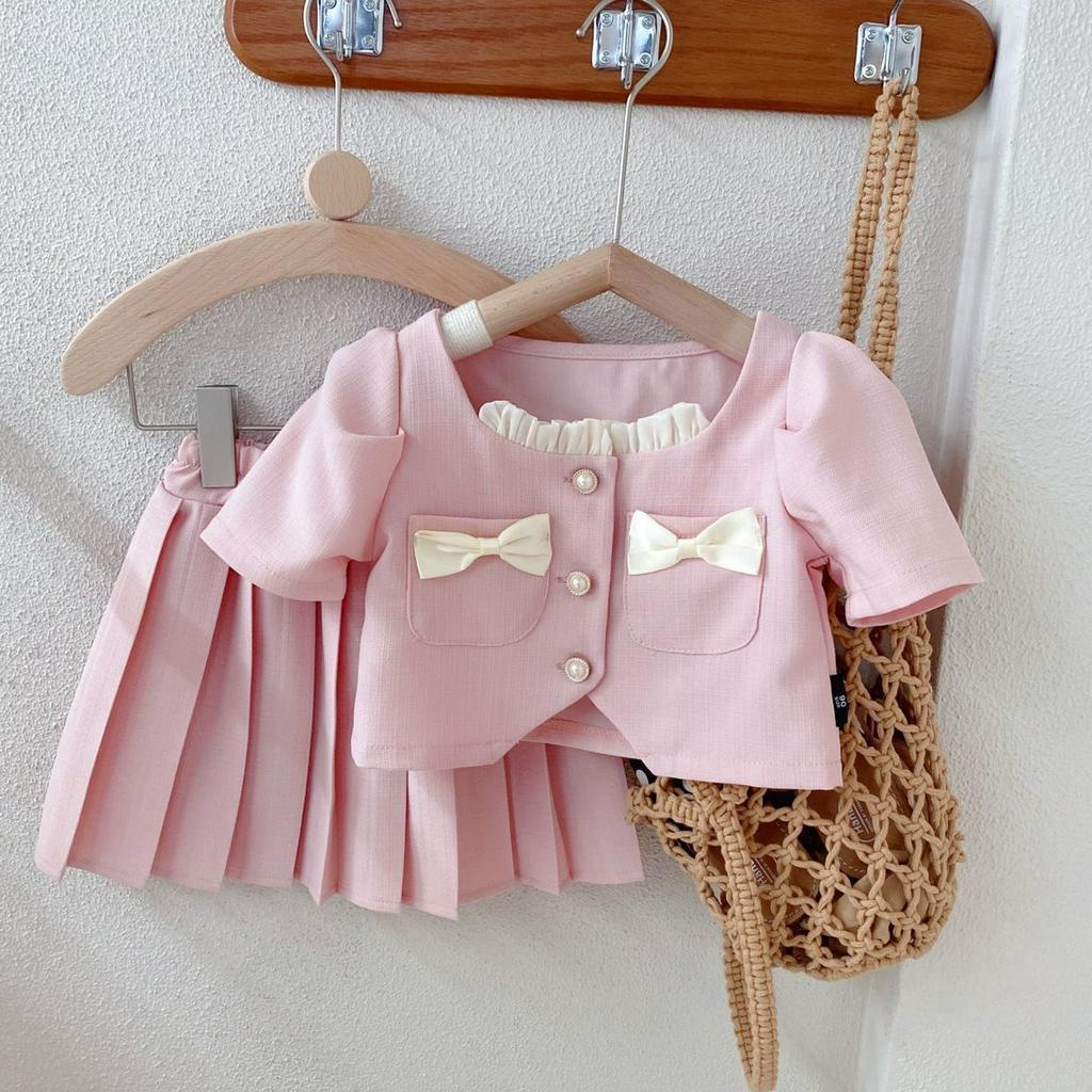 Setelan Anak Perempuan Korean Style Pink Saku Pita+Rok Lipit