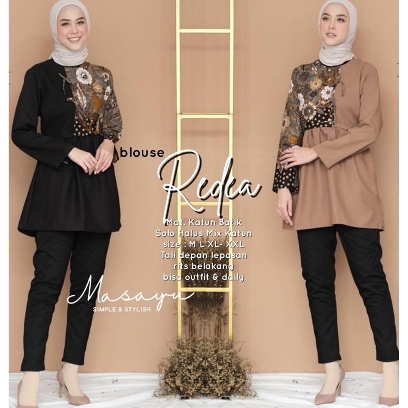 Blouse Redea Batik Ori by Masayu Atasan Kerja Kantoran Blus Muslim Kombinasi Kasual Jumbo