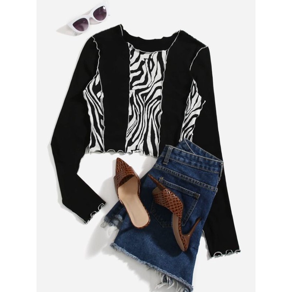SHEIN Lettuce Trim Zebra Striped Top