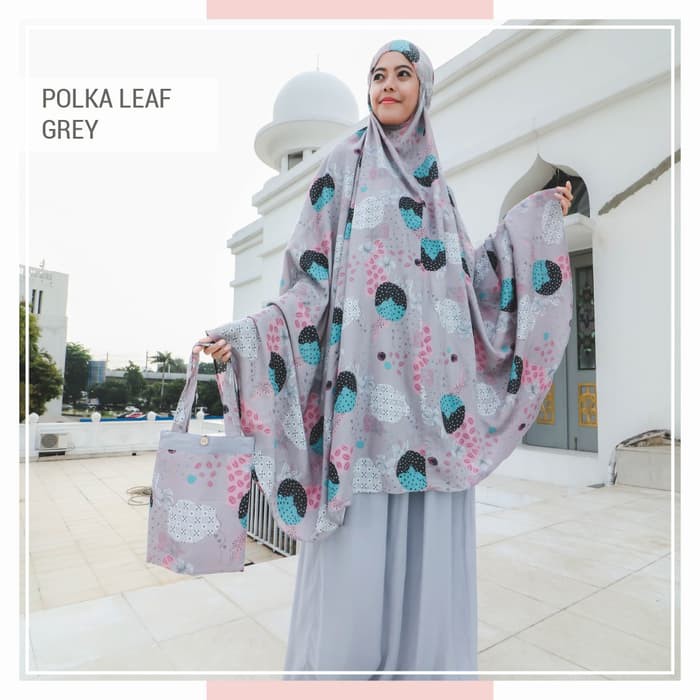 Mukena Tazbiya Polka Leaf Grey (Mukena Rayon Premium Dewasa) Murah