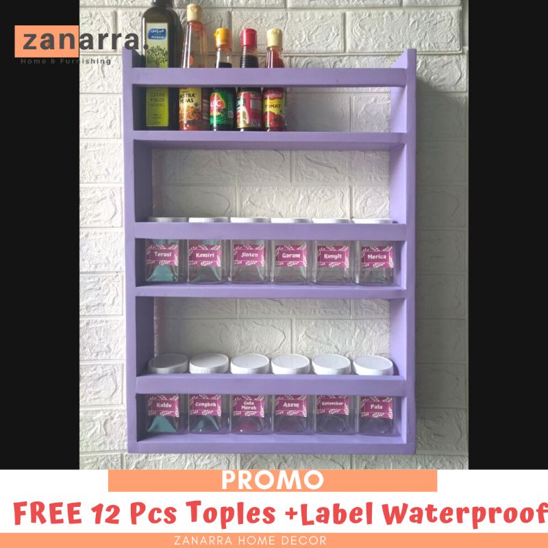Rak Bumbu Dapur Susun Warna Ungu Toples Ada Stiker Tulisan Nama Bumbu Model Gantung Rak Kayu