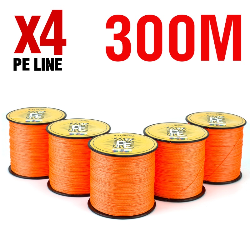 Casting 4X 300m Senar Pancing PE Multifilamen 4 Untaian Super Kuat Warna Oranye 11-84LB