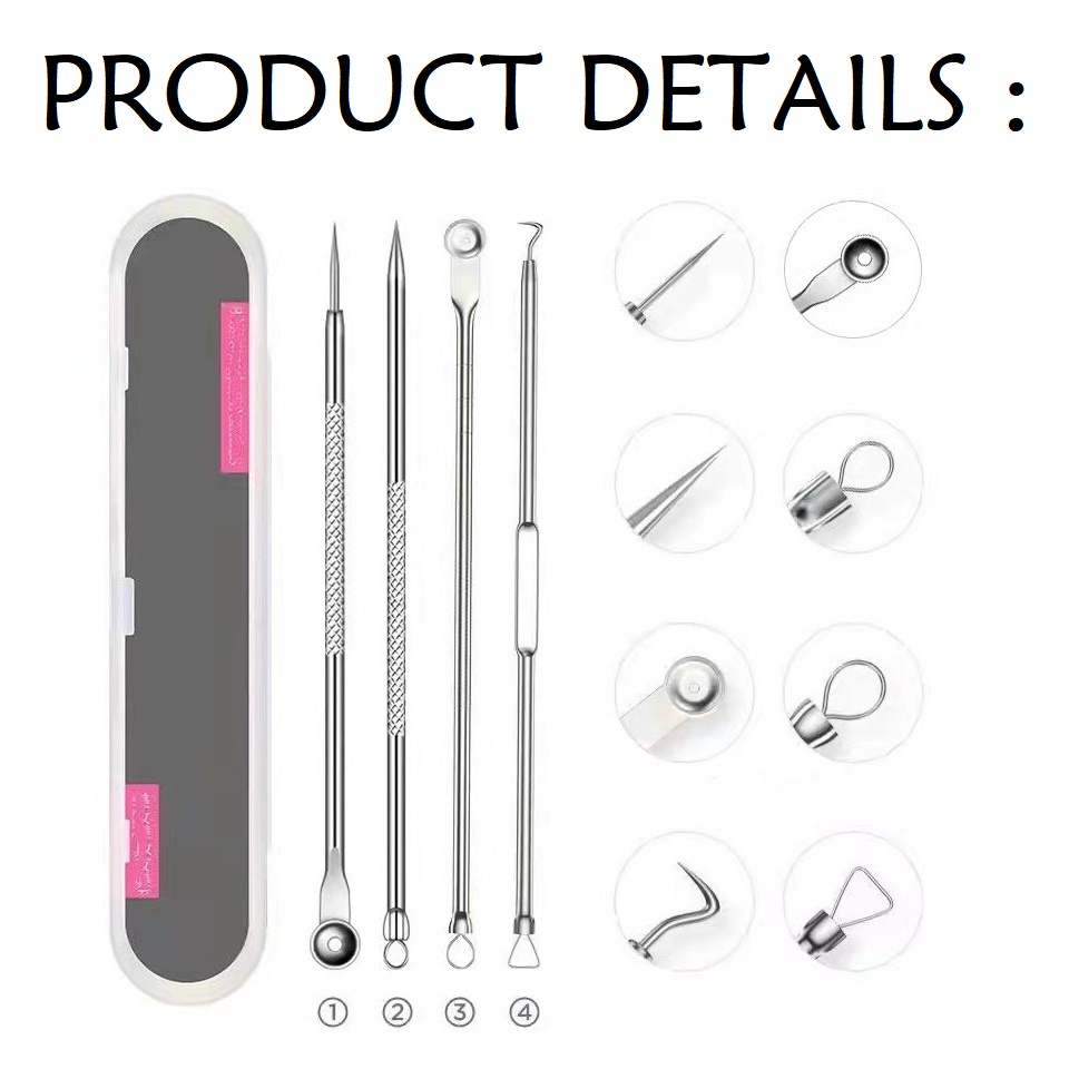 Alat Pencet Pencetan Penjepit Pinset Pengangkat Pembersih Jerawat Komedo set 4 in 1 Alat Facial Wajah Stainless Steel Pimple Needles Acne Pimple Remover Tools