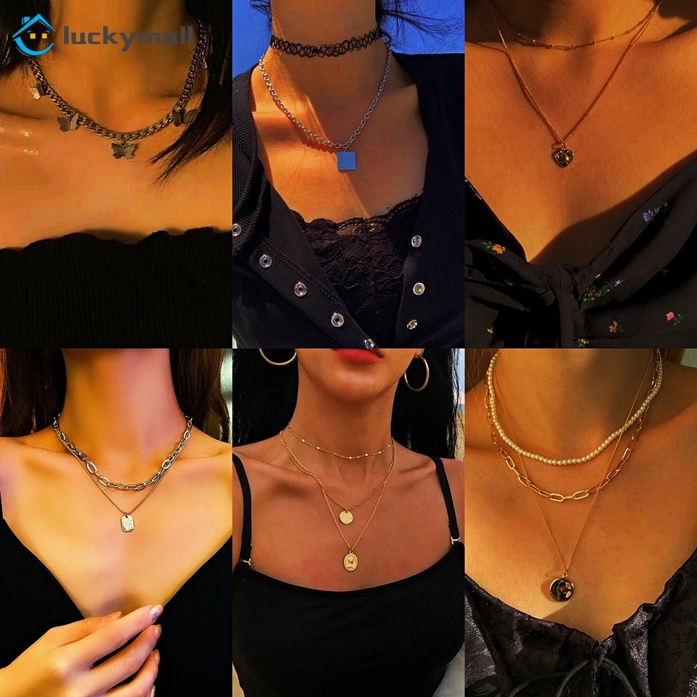 Kalung Rantai Multilayer Bentuk Hati Dan Kupu-Kupu Warna Emas Untuk Wanita