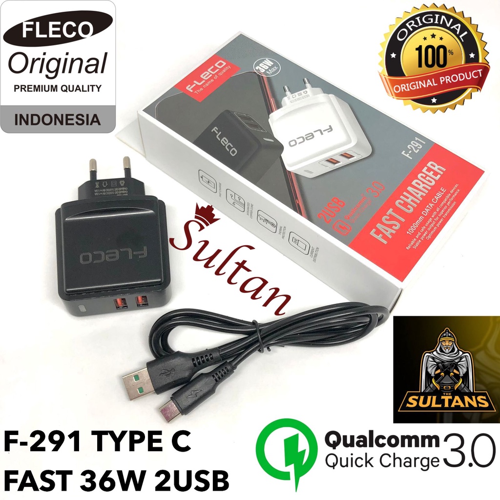 CHARGER FLECO F291 MICRO CASAN FLECO F291 TYPE-C 2USB QUALCOMM 3.0 36WATT MAX CHARGER FOR ANDROID