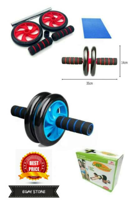 [ALAT FITNESS] Pengencang Otot Bahu Lengan Perut Roll Gym Double AB Wheel Roda Exerciser + Matras AB