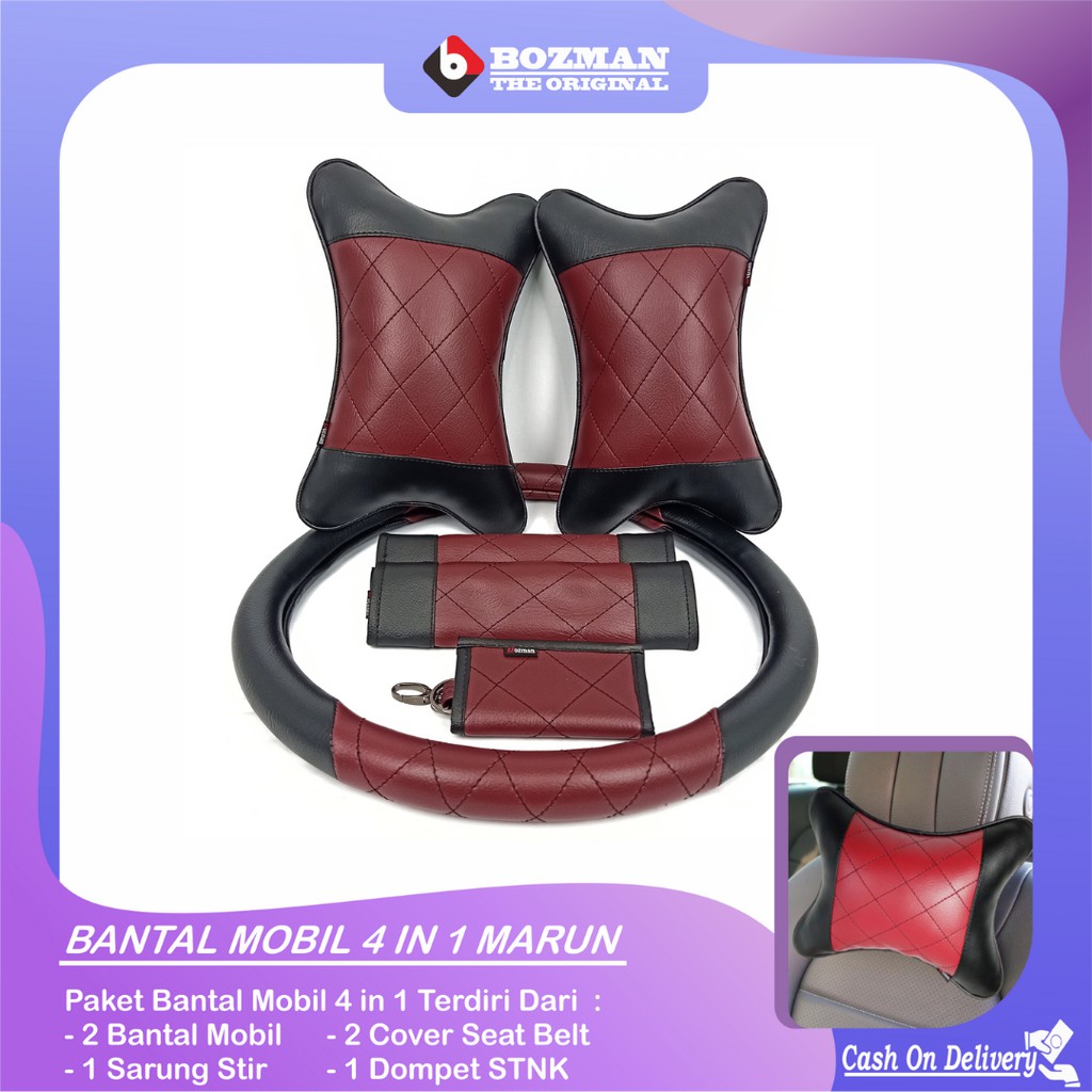 Set Bantal Mobil 4 in 1 Bantal Mobil Seatbelt Sarung Stir Dompet STNK Premium