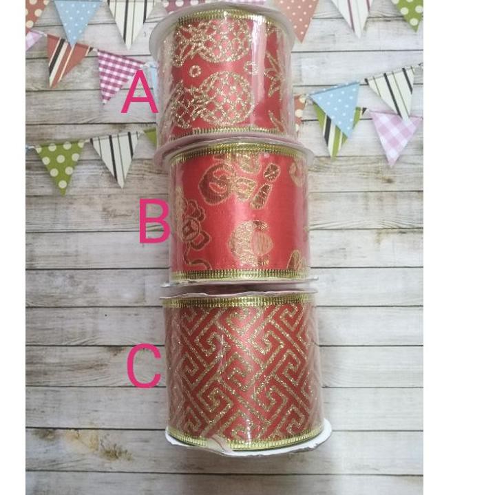 

GROSIR Pita merah emas imlek cny natal parcel hampers lebar 5 & 6 cm ada kawat rol