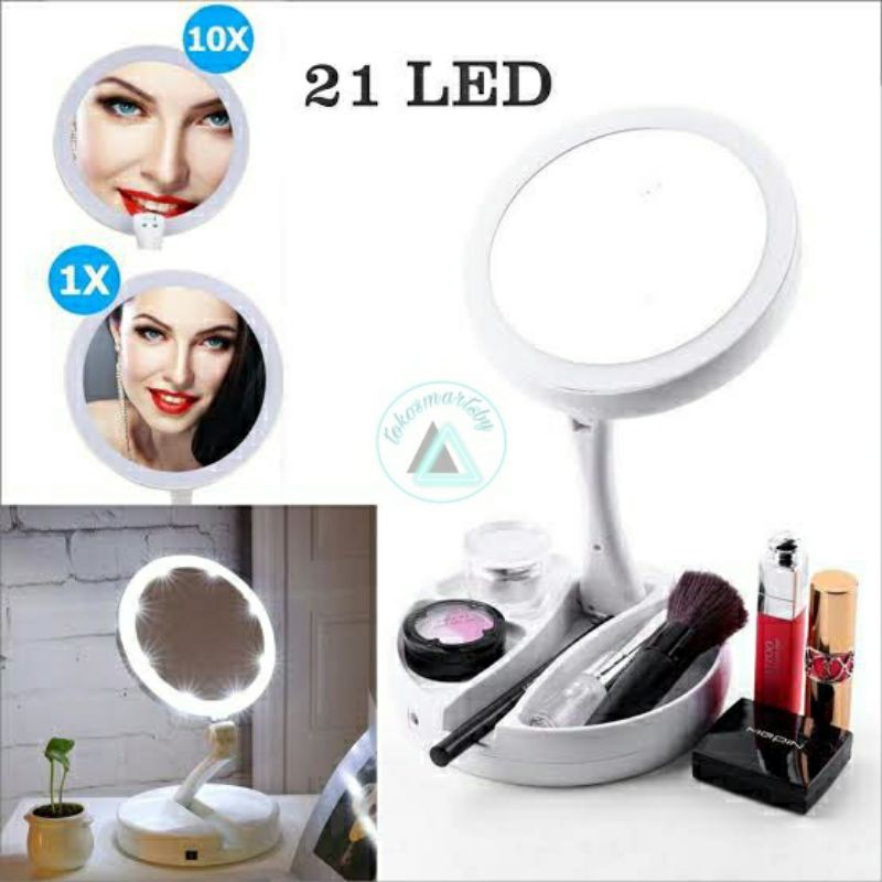 Cermin LED Mirror Lipat Portable Dua Sisi USB Baterai JG 988 Ada Kaca Pembesar