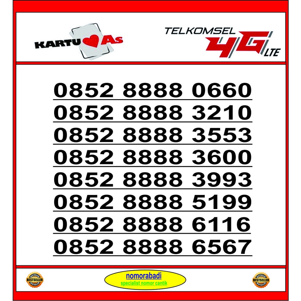 nomorcantik kartu perdana 4G 0852 8888 XXXX H500