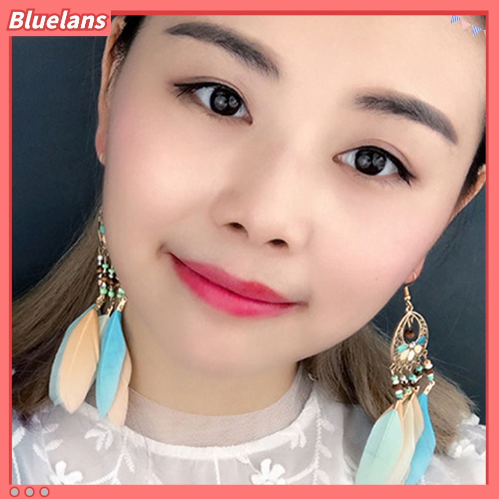 Anting Rumbai Bulu Manik-Manik Oval Warna-Warni Model Hollow Out Gaya Boho Untuk Wanita