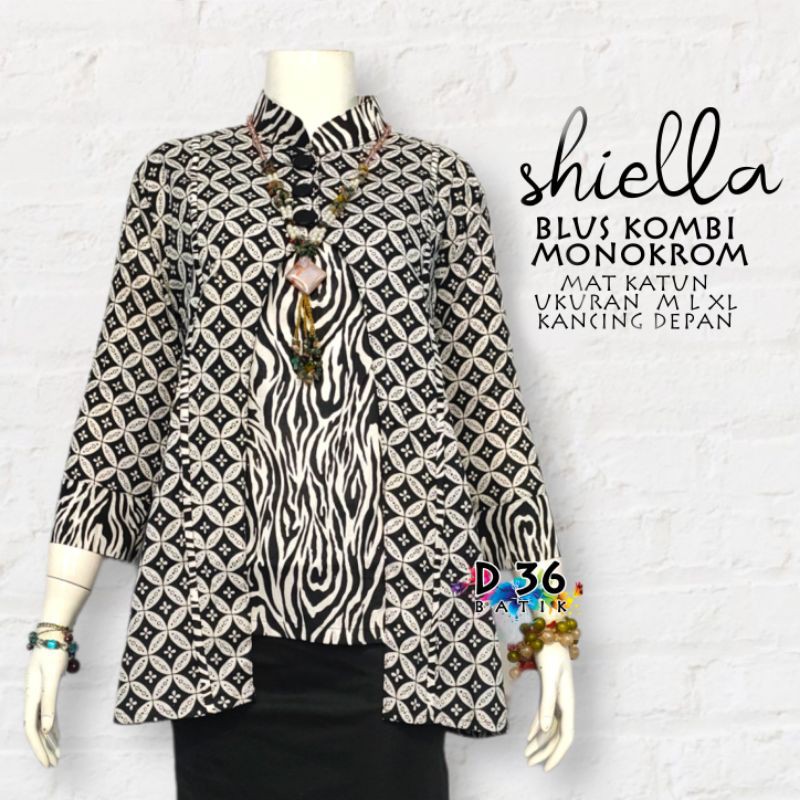 Blus Shiella hitam putih monokrom pendek lengan panjang Baju atasan katun halus Batik Wanita remaja cewek abg Kasual kerja kampus kuliah seragam seragaman kembaran sekolah etnik fashion Modern kasual trendy cantik kekinian terkini terbaru-Kawung