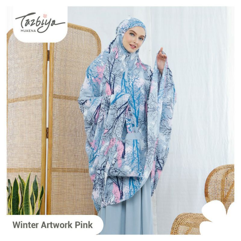 Mukenah Tazbiya Winter Artwok Pink Dewasa Jumbo Travelling Motif katun Rayon Adem