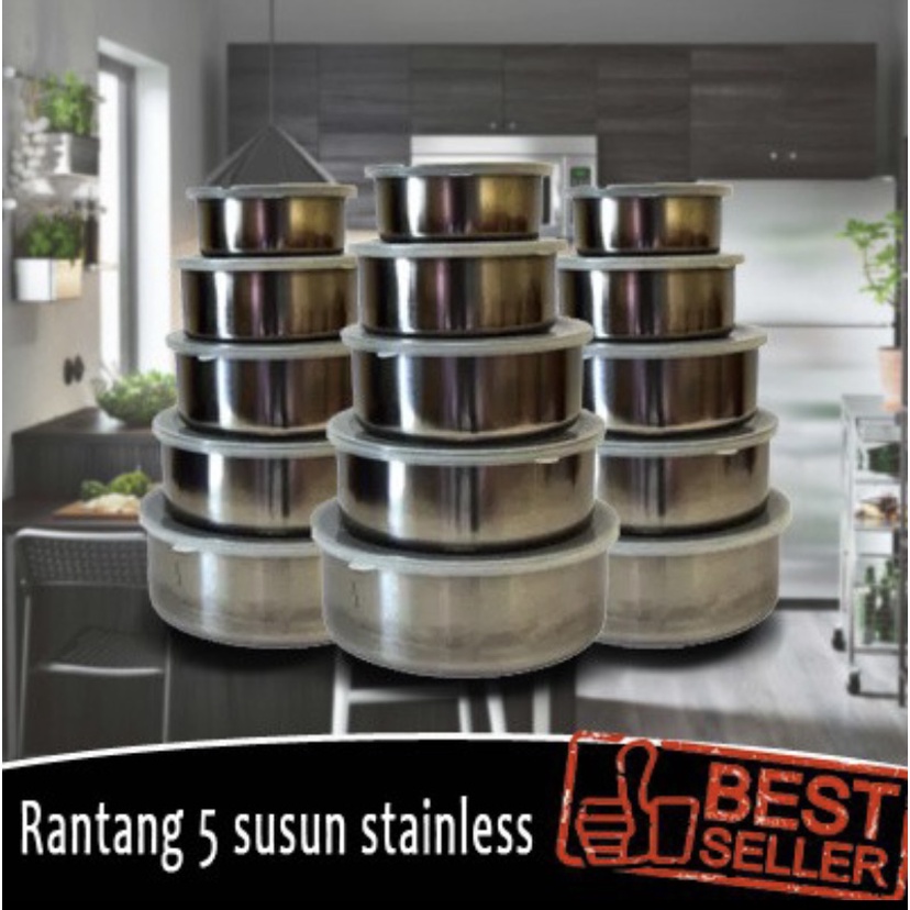 ( BISA COD ) PROMO RANTANG STAINLESS STEEL 5 SUSUN / TEMPAT MAKANAN RANTANGAN SUSUN / TEMPAT PENYIMPANAN MAKANAN FOOD GRADE