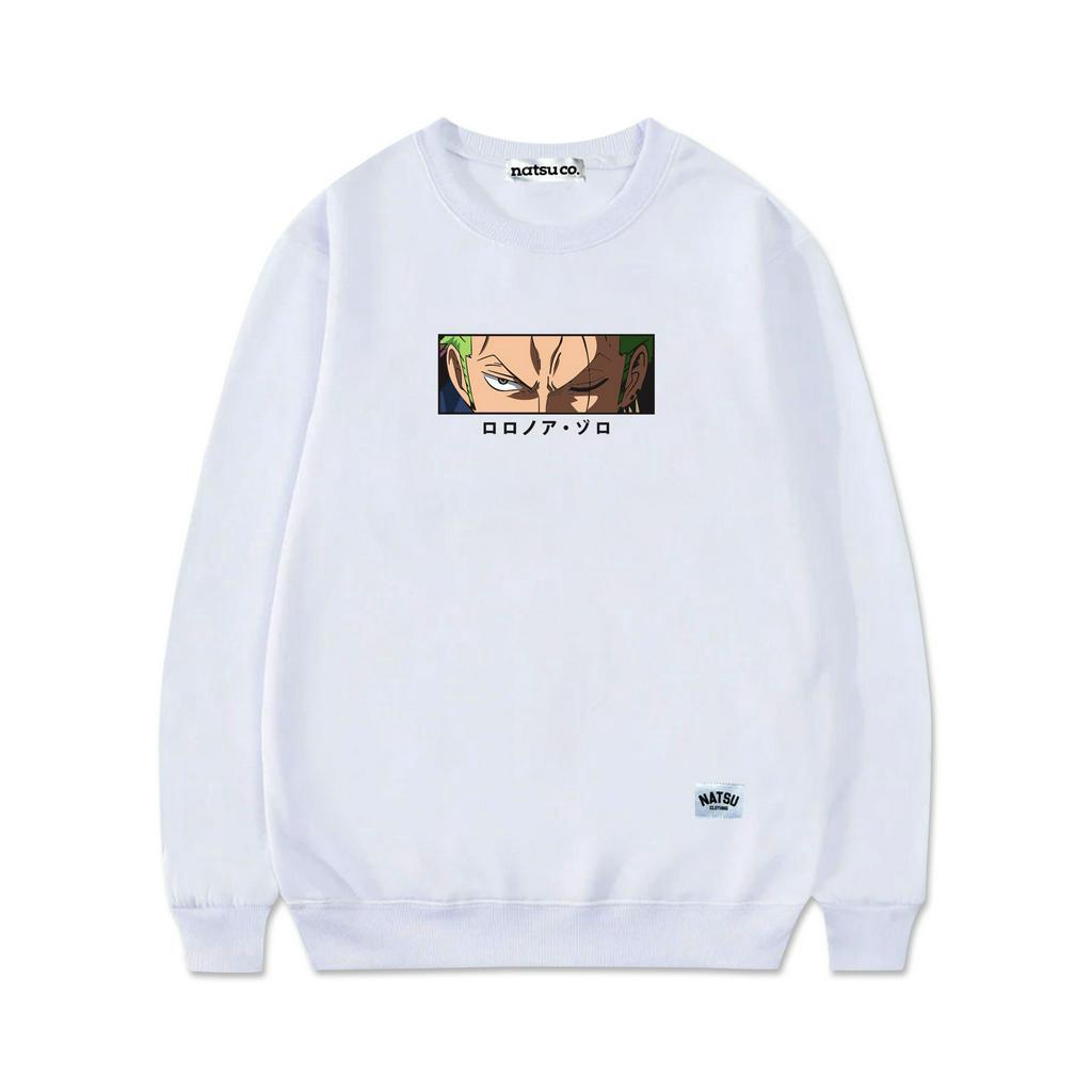 natsu.co Sweater Crewneck Pria Wanita Anime One Piece Zoro White Putih