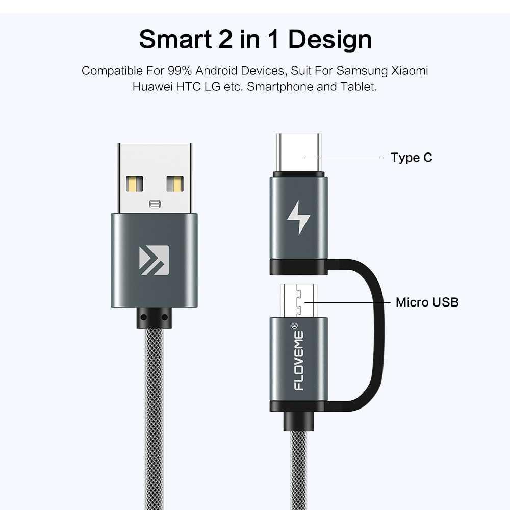 Floveme Kabel Charger 2 in 1 Micro USB+USB Type C QC3.0 2.8A 80cm - P9 ( Al-Yusi )