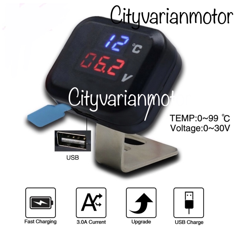 VOLTMETER 3IN1 KOTAK PLUS CHARGER 2A KEDUDUKAN BREKET SPION VOLTMETER AKI CHARGER SUHU 3 IN 1