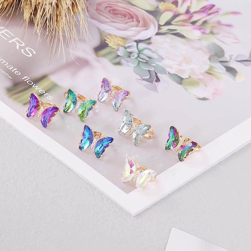 Needway  Temperament Butterfly Open Ring Girls Fashion Jewelry Finger Rings Women Gradient Color Korean Personality Adjustable Crystal/Multicolor