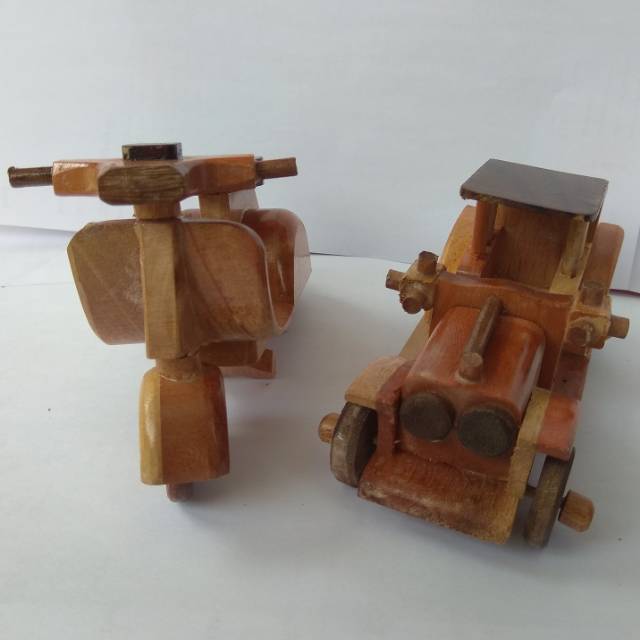 PAKET HEMAT DUO MINIATUR KAYU VESPA DAN MOBIL TUA OTRON - PAJANGAN DEKORASI RUMAH - SOUVENIR MURAH