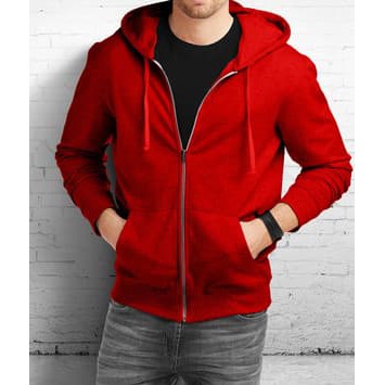 Jaket Sweater Hoodie Zipper Polos Merah - Hitam, Xl