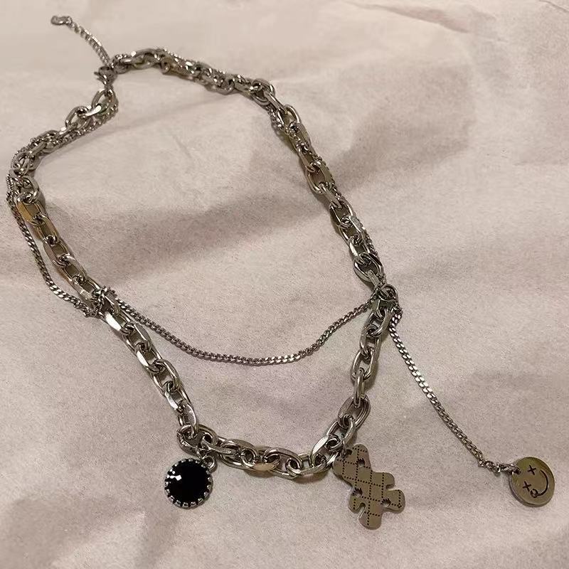 Kalung Double Layer Dengan Liontin Beruang Smiley Face Gaya Hip-Hop Untuk Wanita