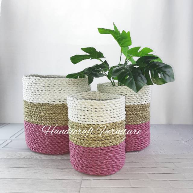 Keranjang Anyaman  Seagrass 1 Set 3Pc Pot  Bunga  Pajangan 